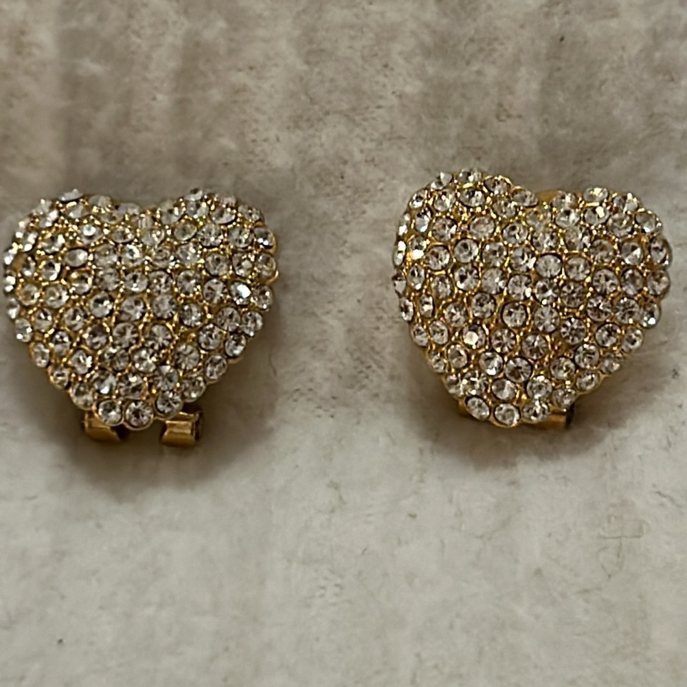Vintage Heart Shaped Gold and Pave Rhinestone Earrings.